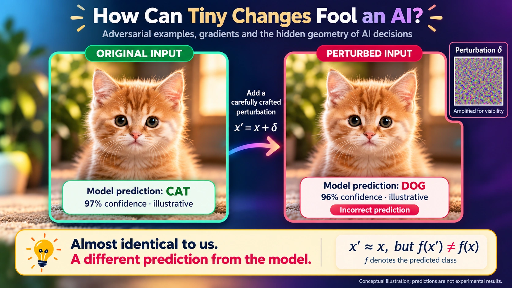 Conceptual illustration of a cat image before and after a carefully crafted adversarial perturbation, with illustrative predictions of cat at 97 percent confidence and an incorrect dog prediction at 96 percent confidence. The perturbation is amplified for visibility.