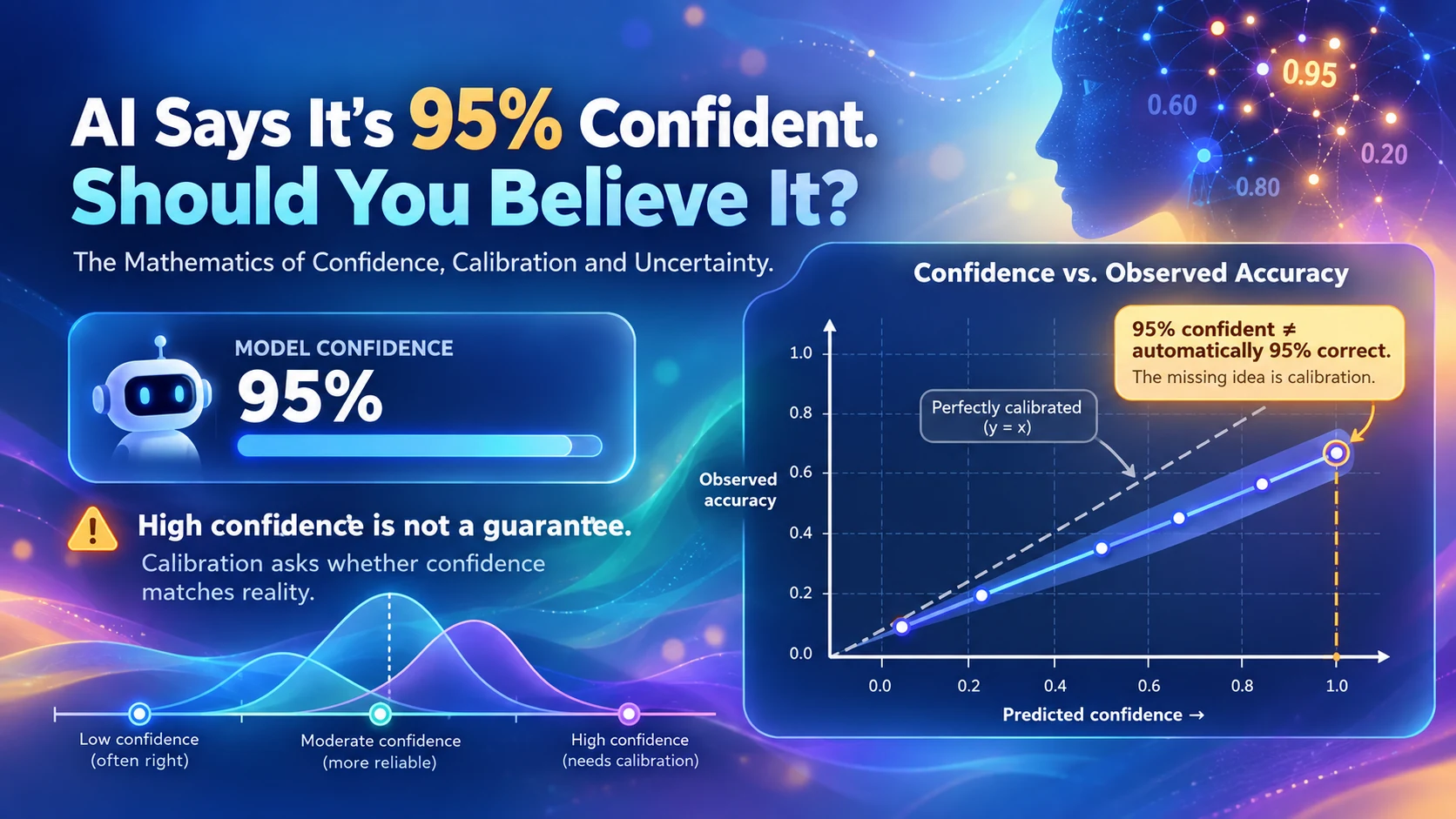 AI confidence and calibration visual with a 95 percent confidence display, reliability curve, and confidence versus observed accuracy chart.