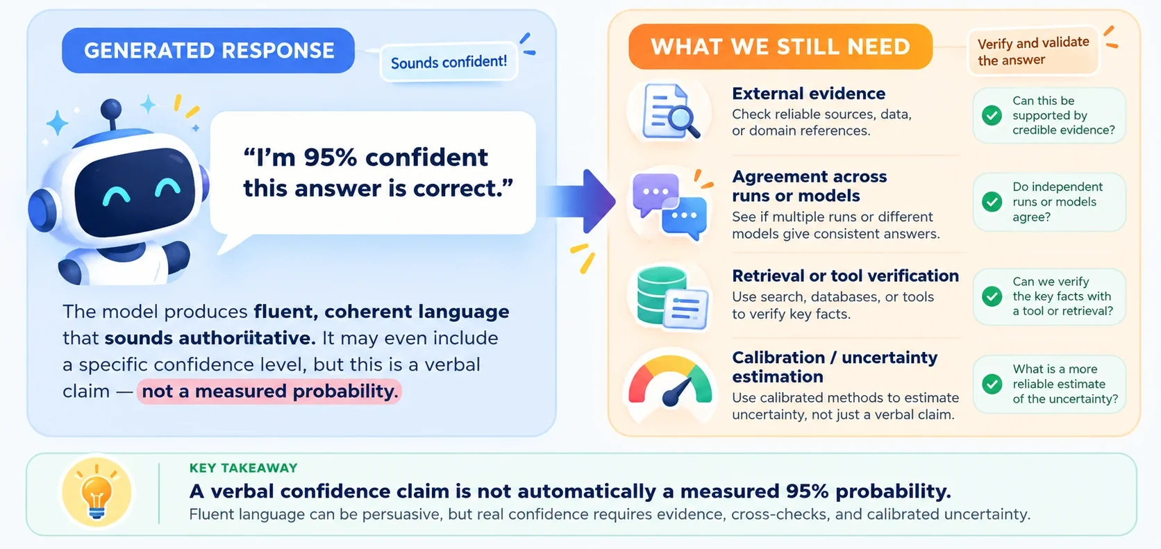 Generative AI confidence visual explaining that fluent verbal confidence is not automatically calibrated probability.