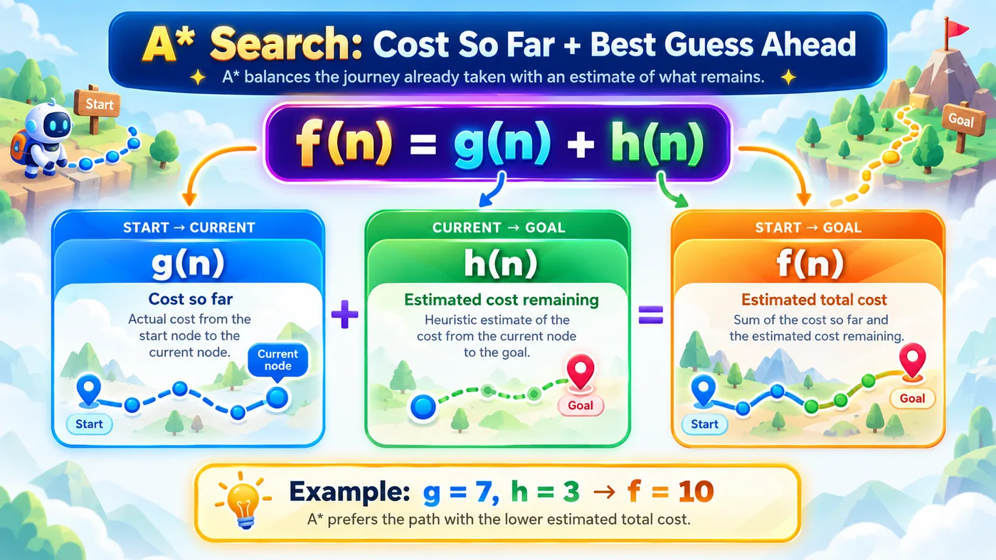 A* search diagram explaining f(n) equals g(n) plus h(n), combining cost so far and estimated cost remaining.