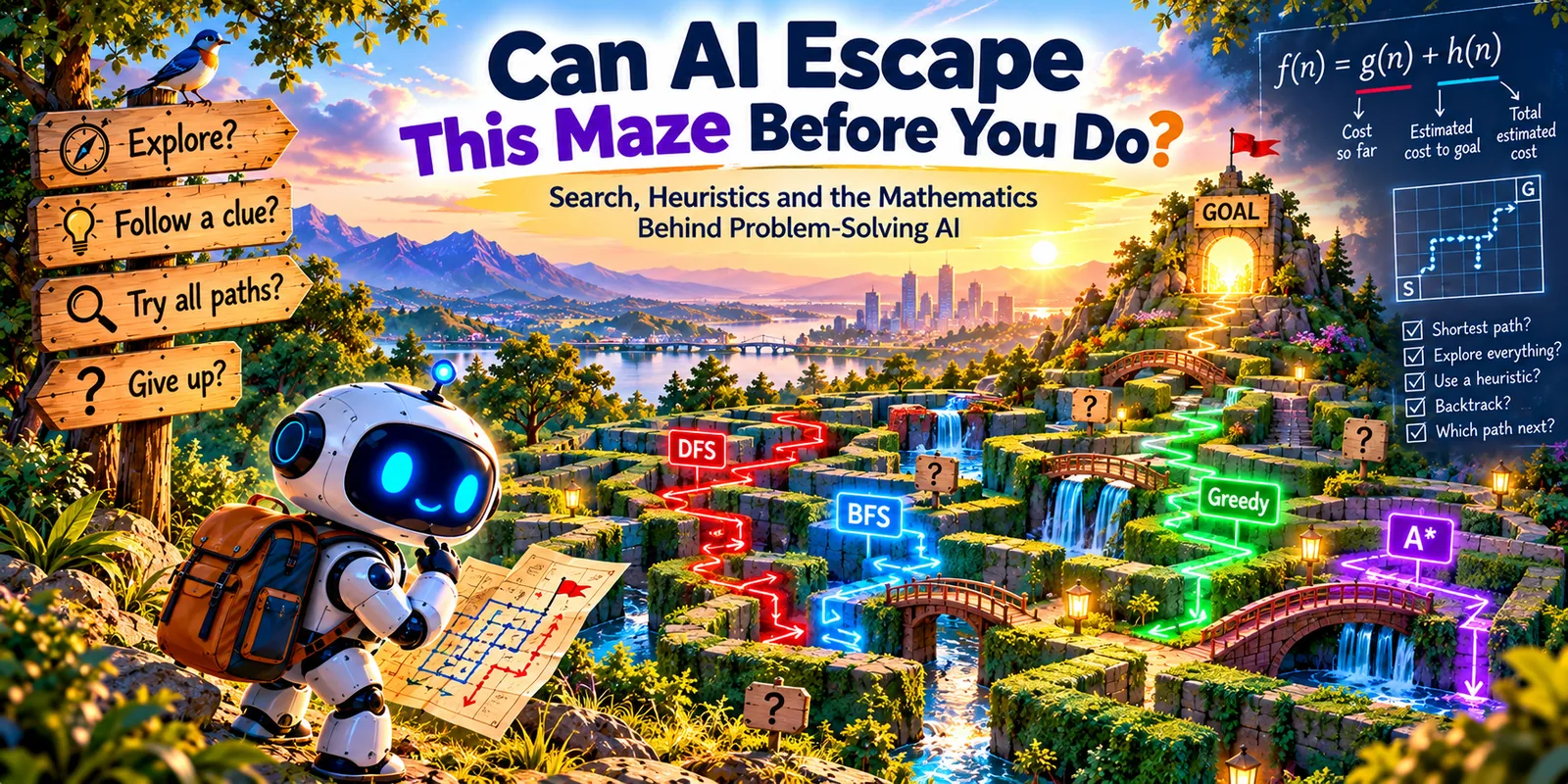 Educational illustration of a small AI robot exploring a maze with DFS, BFS, Greedy Search, and A* paths.
