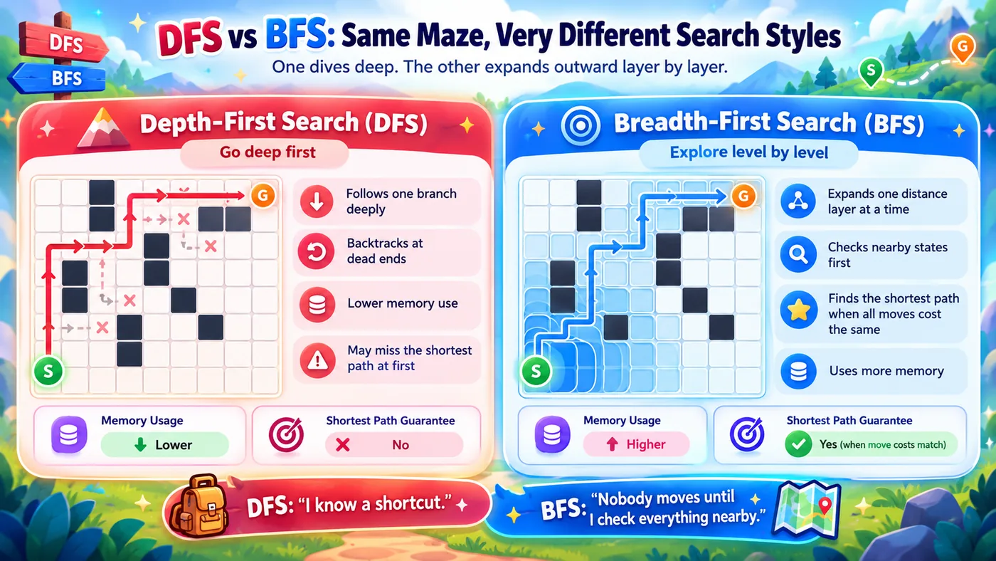 Comparison of DFS and BFS search styles in the same maze.