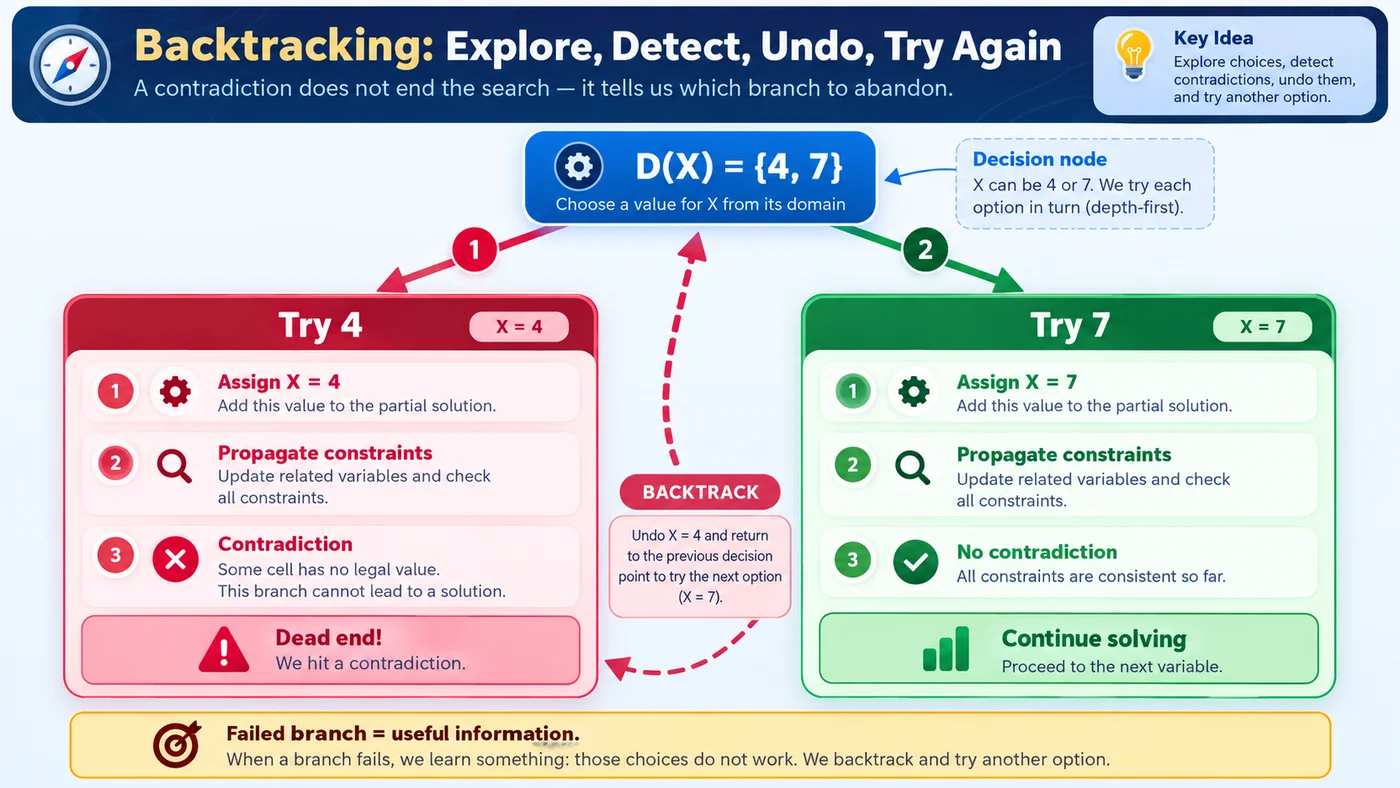 Diagram showing Sudoku backtracking with a failed branch for 4 and a successful branch for 7.