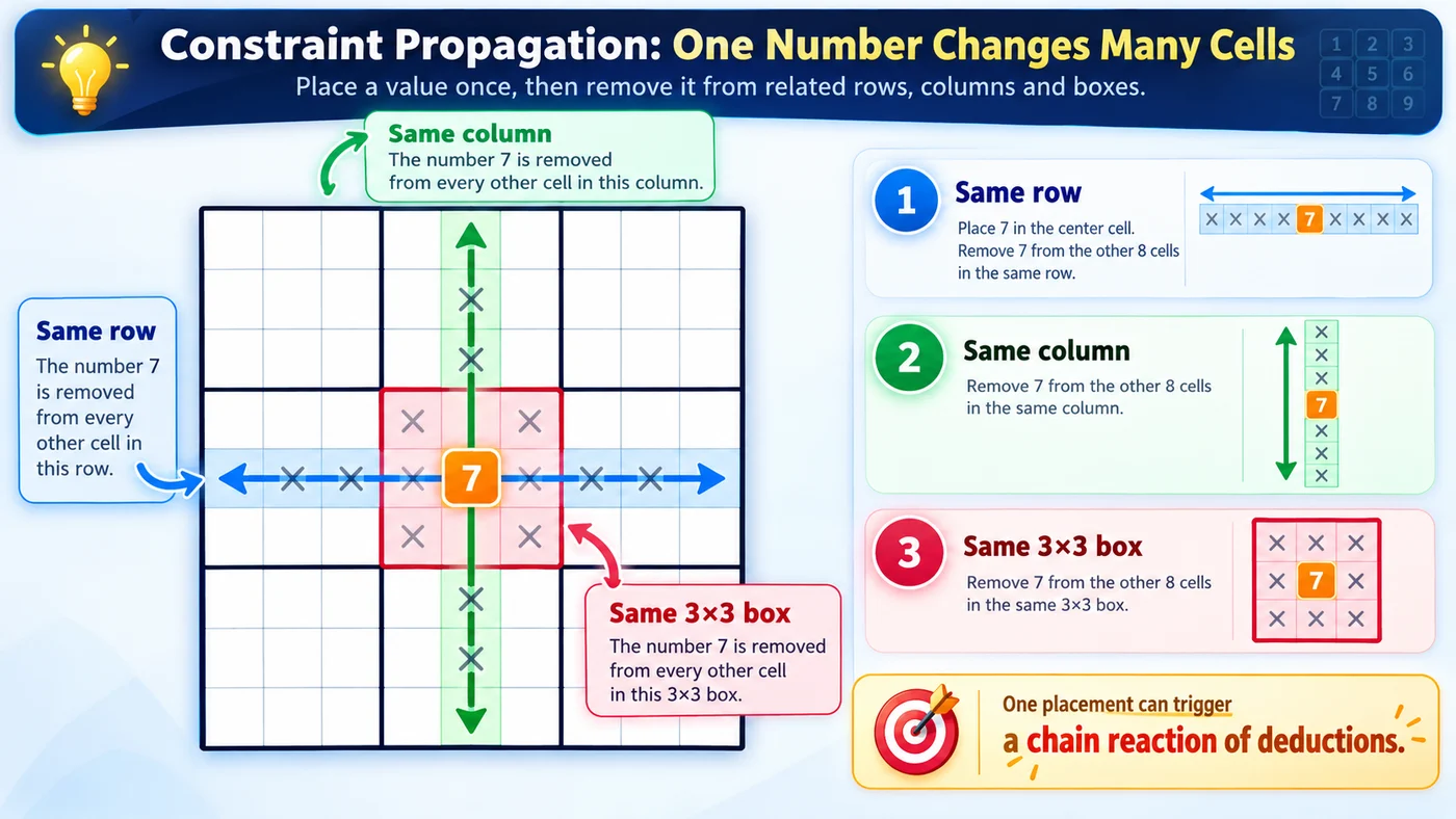 Diagram showing how placing one Sudoku number removes candidates from the same row, column, and box.