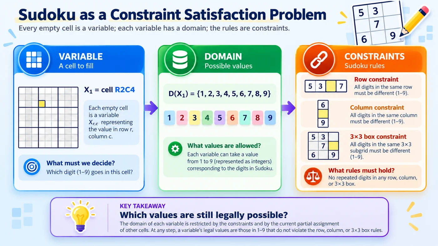 Diagram explaining Sudoku as a constraint satisfaction problem with variables, domains, and constraints.