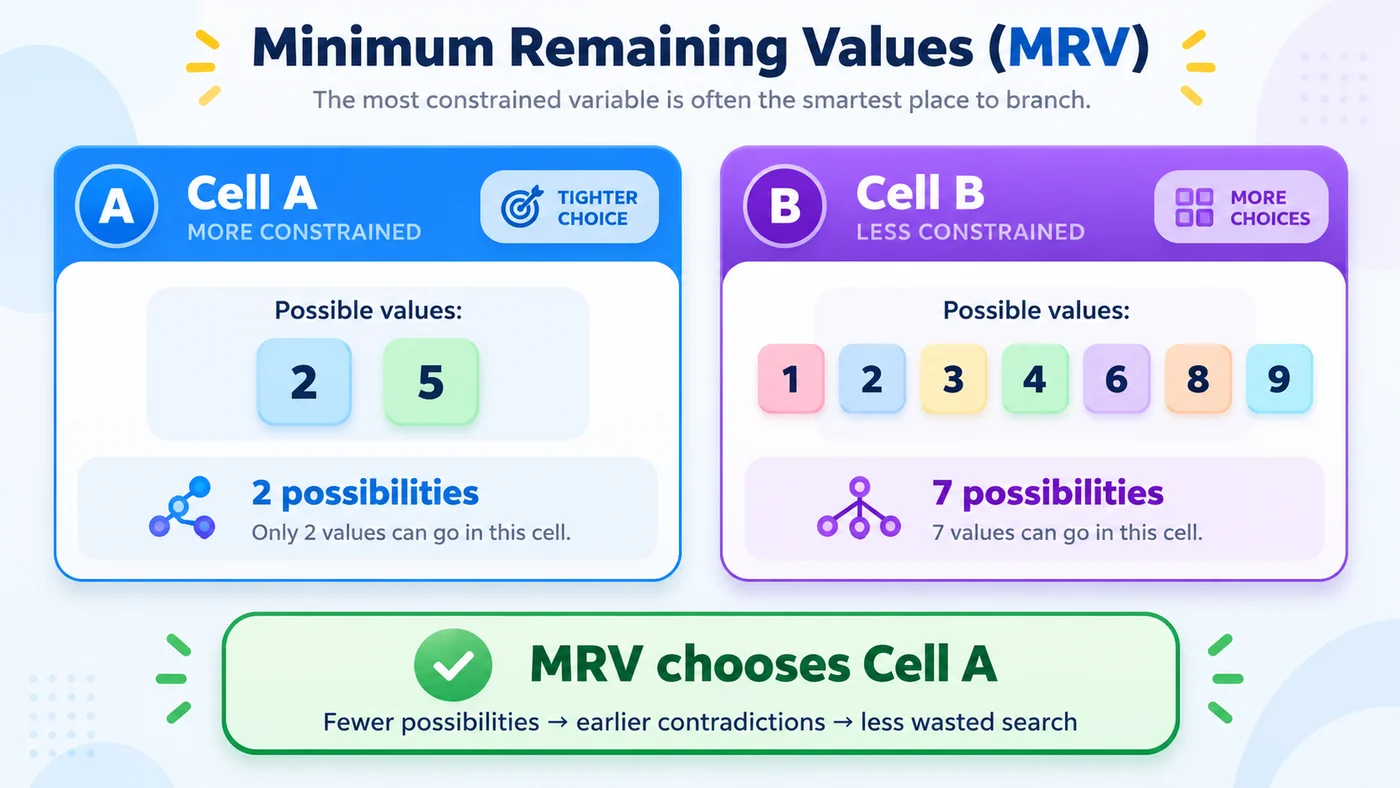 Diagram comparing two Sudoku cells and showing MRV choosing the cell with fewer possible values.