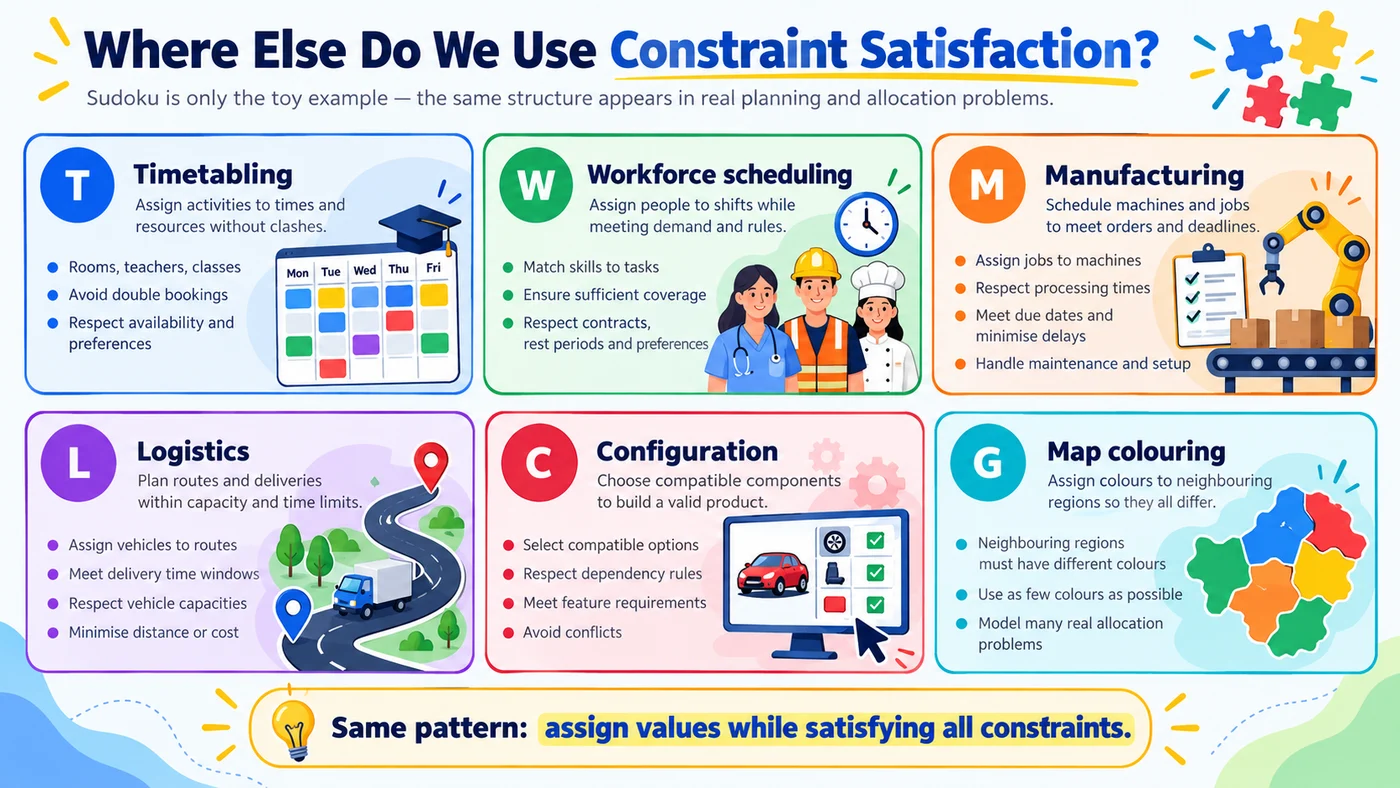 Diagram showing constraint satisfaction examples in timetabling, employee scheduling, manufacturing, logistics, configuration, and map colouring.