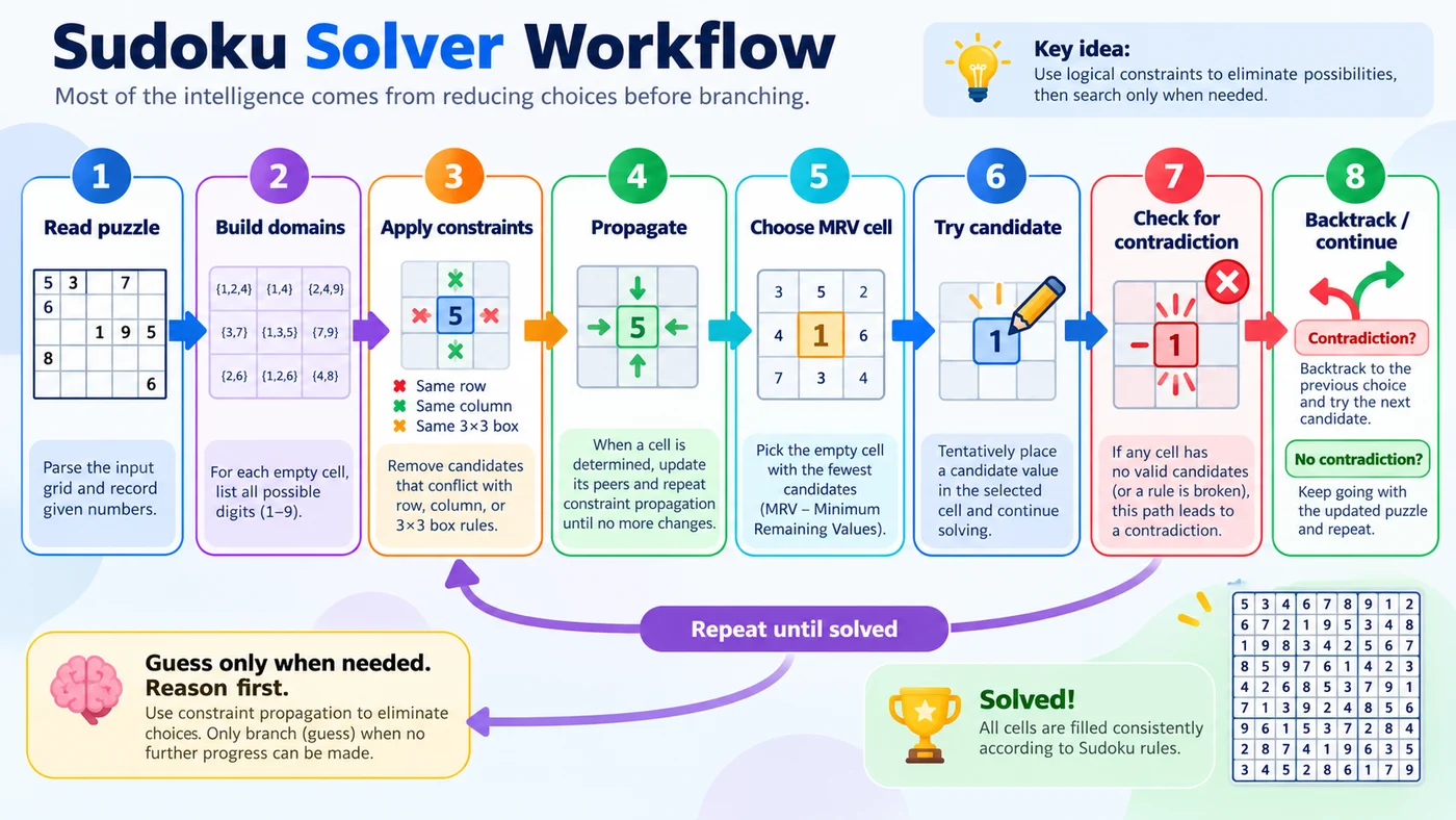 Flowchart of a constraint-based Sudoku solver from reading the puzzle to propagation, branching, backtracking, and solving.