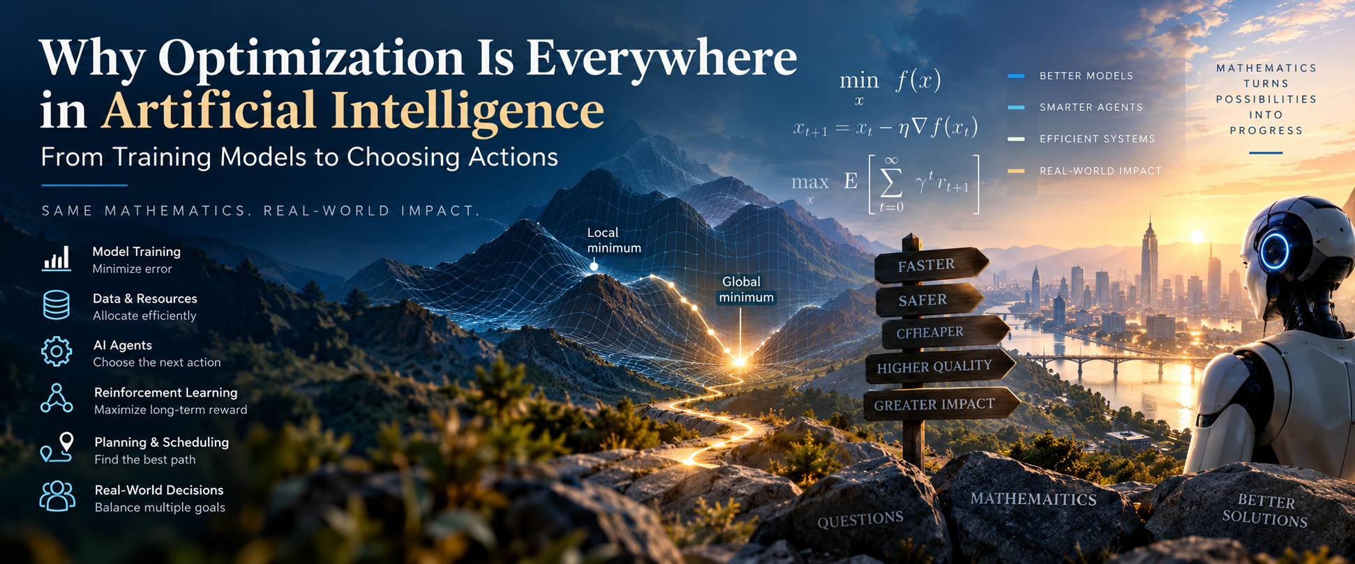 PDF cover image for Why Optimization Is Everywhere in Artificial Intelligence, showing an AI landscape and optimization concepts.