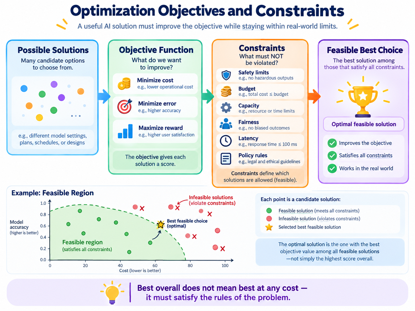 Optimization objectives and constraints visual showing possible solutions, objective function, constraints, and feasible best choice.