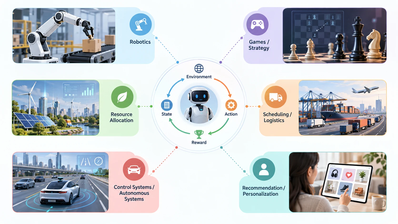 Reinforcement learning applications visual with robotics, games, scheduling, control systems, resource allocation, and recommendations.