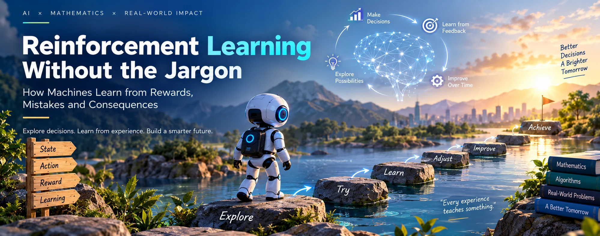 Reinforcement Learning Without the Jargon hero visual showing an AI robot learning from rewards, mistakes, and consequences.