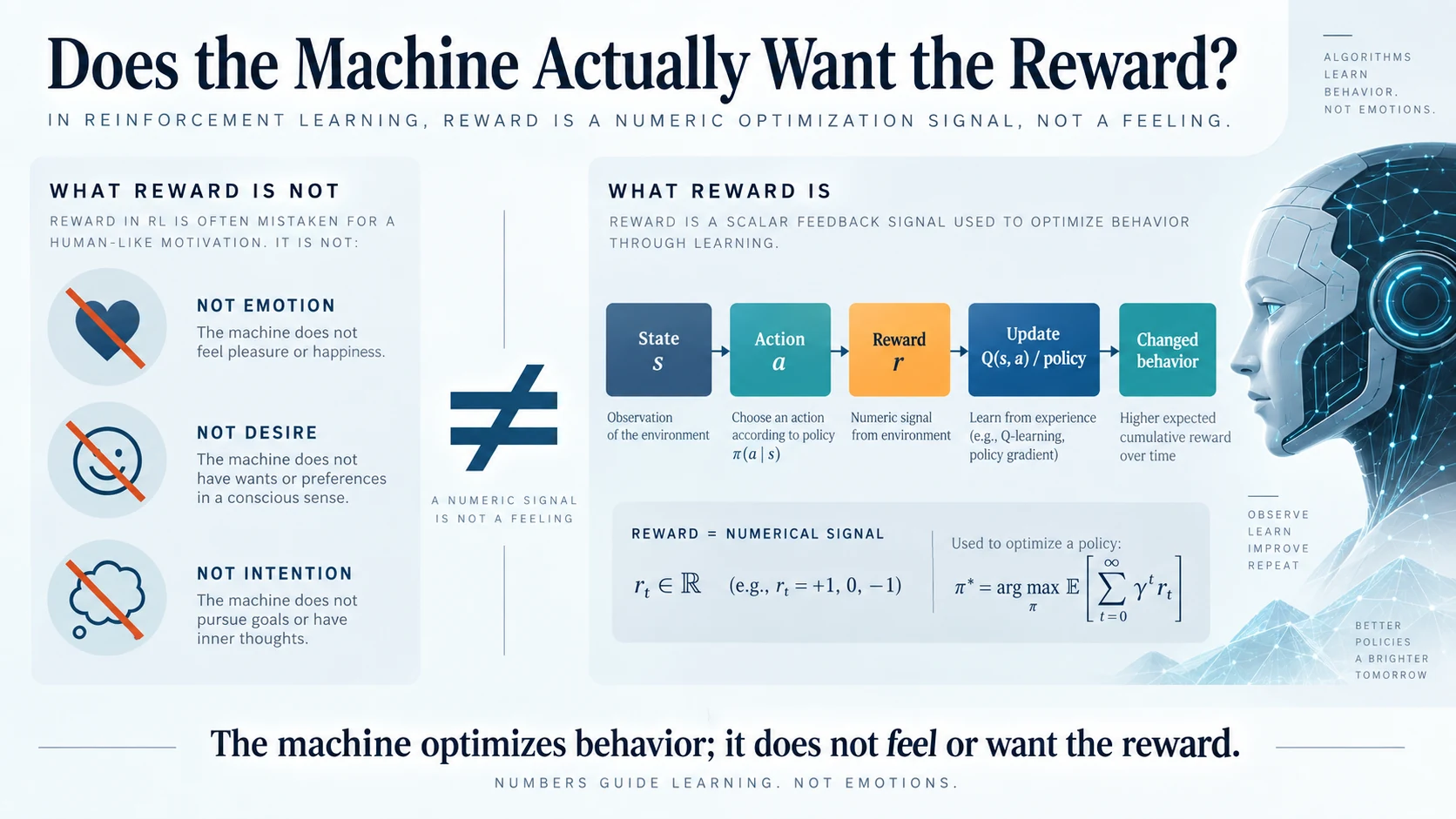 Visual explaining that machine rewards are numerical signals and not human wants, feelings, or motivation.