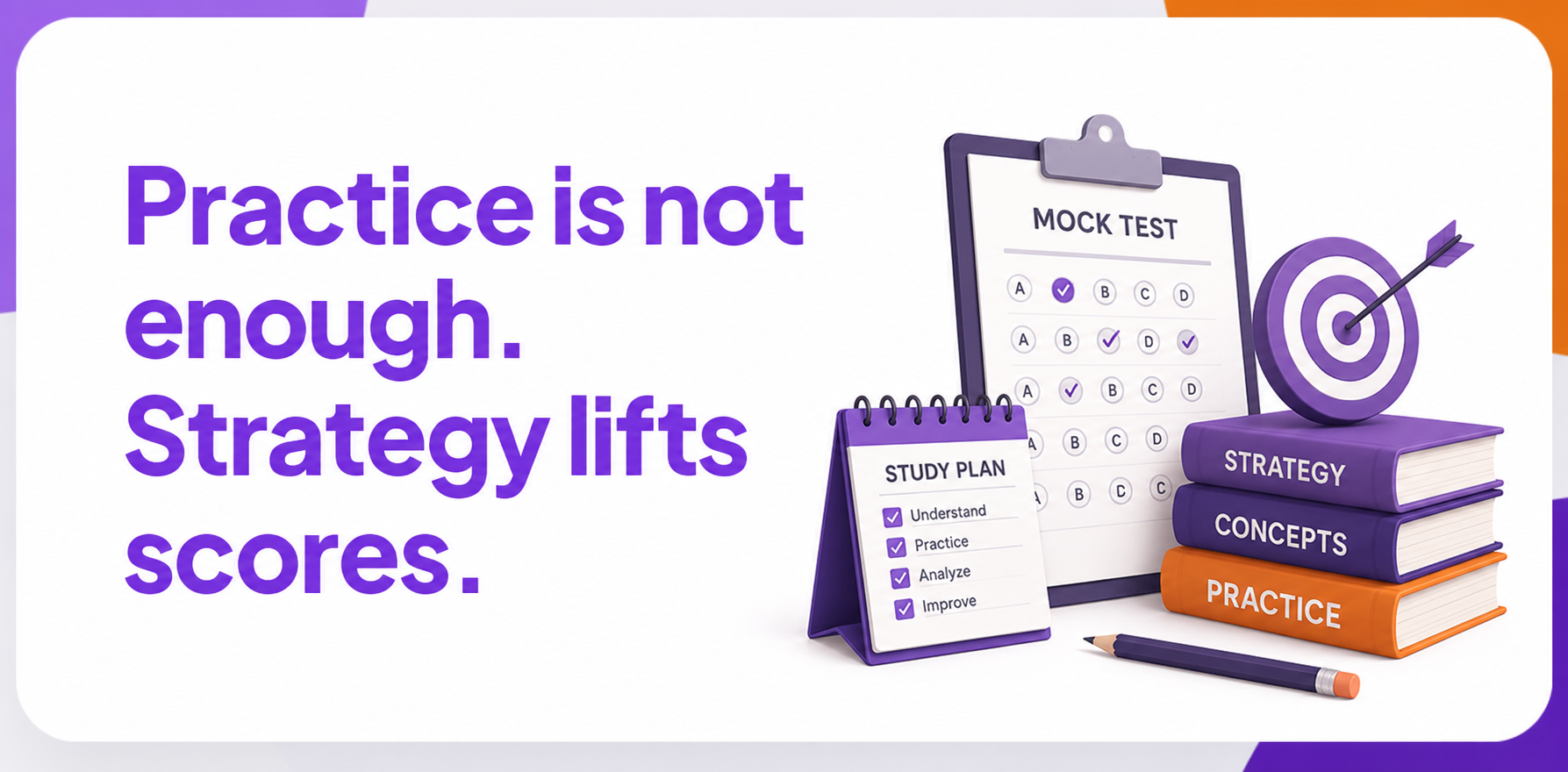 Test preparation strategy visual with mock test, study plan, target, and concept practice books.