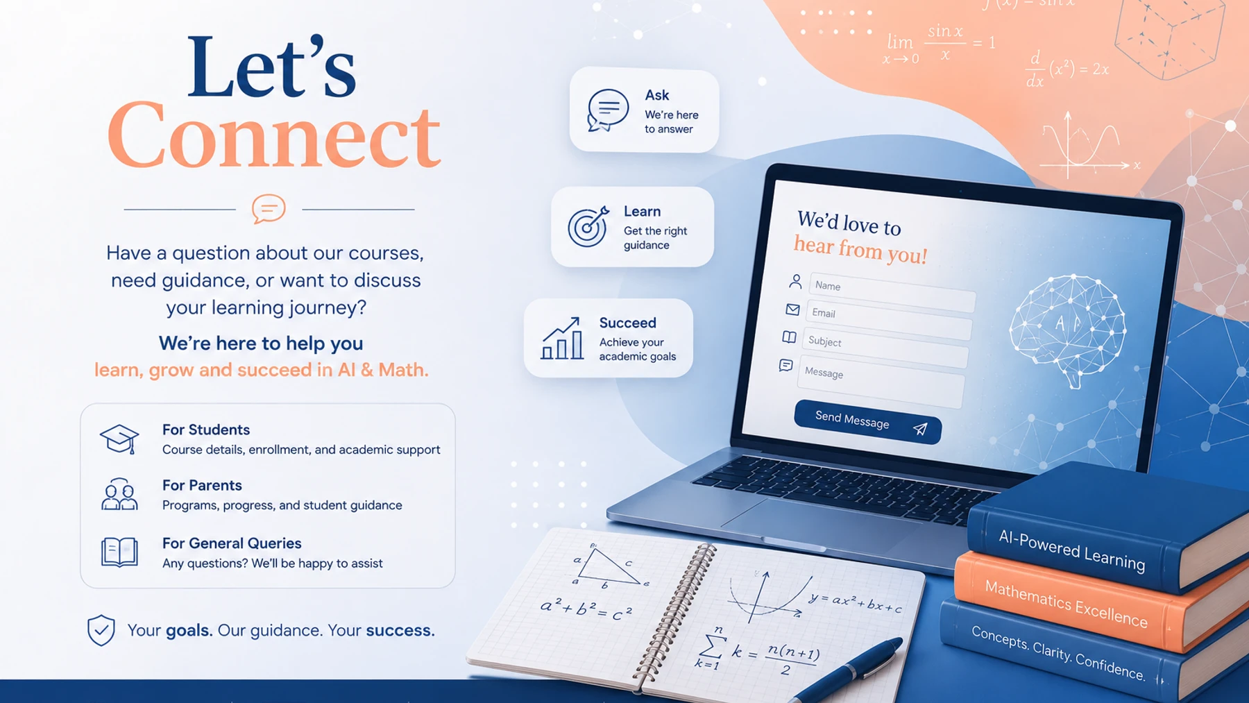 Let's connect illustration for academic mentoring, AI learning, mathematics excellence, and consultation inquiries